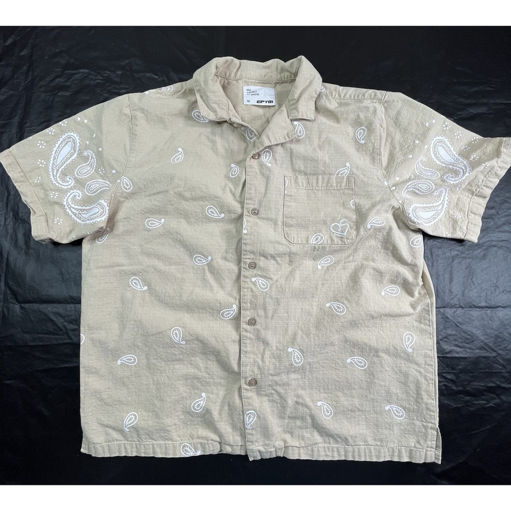 EPTM The Perfect Example Mens M Shirt Tan Button Front Paisley Print Ripstop‎